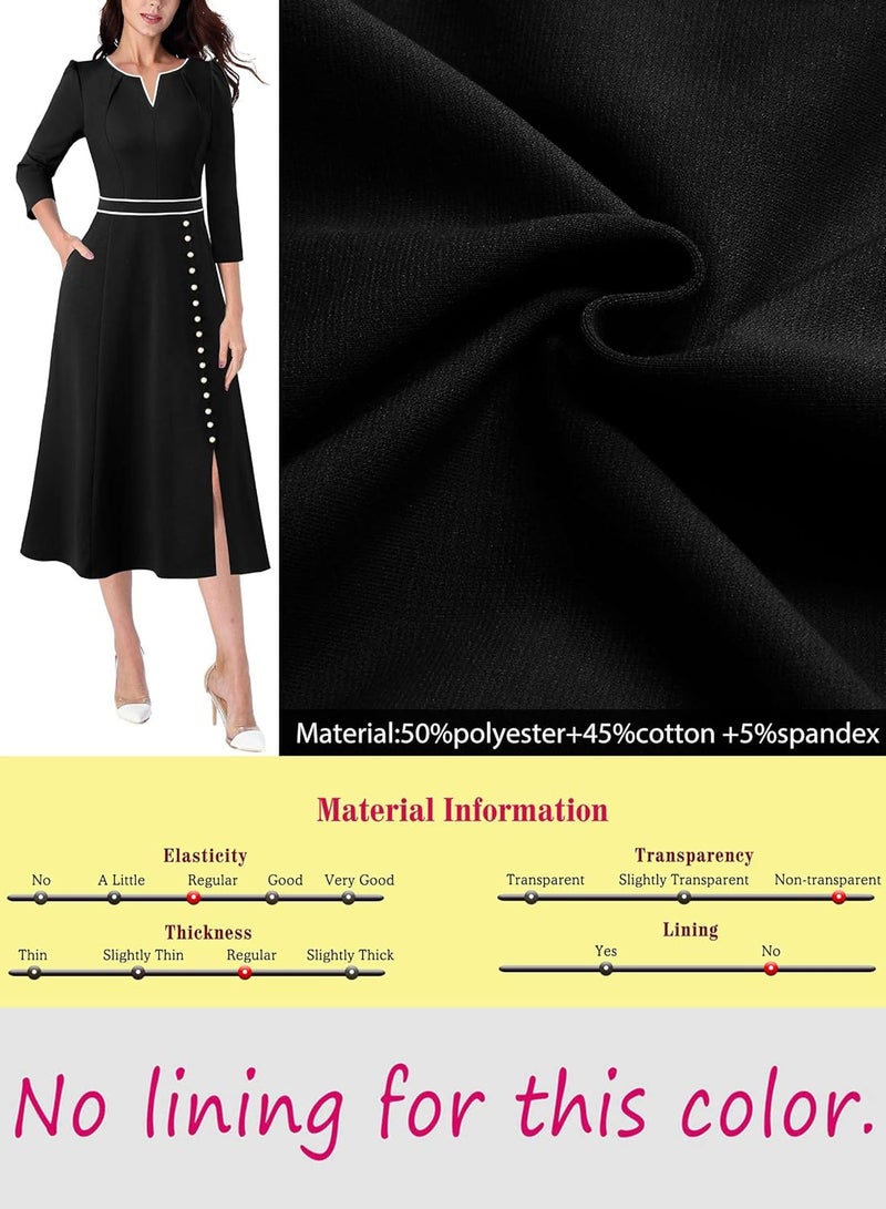 VFSHOW Womens Pleated Notch V Neck Front Slit Buttons Pockets Office Business Work Slim A-line Fit and Flare Midi Dress - Image 5